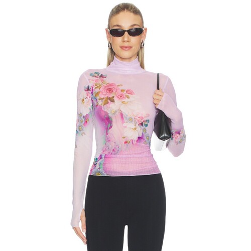 [秋冬新品]AFRM浅粉衬衫印花高领辣妹修身长袖高腰上衣REVOLVE