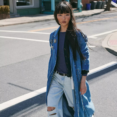[春季新品]Free People休闲牛仔长款大衣翻领排扣丹宁外套REVOLVE