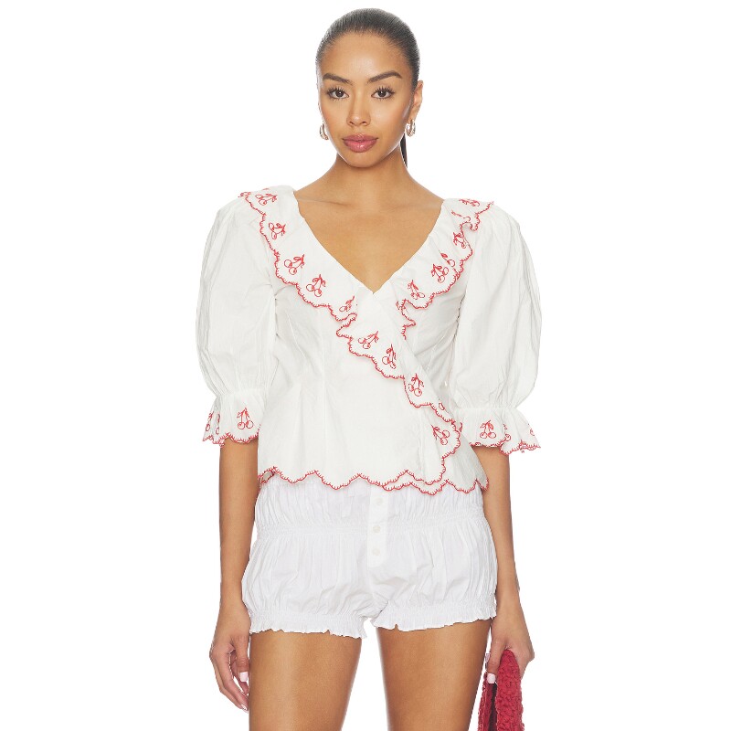 For Love & Lemons白色上衣刺绣甜美风早秋新品短袖衬衫REVOLVE