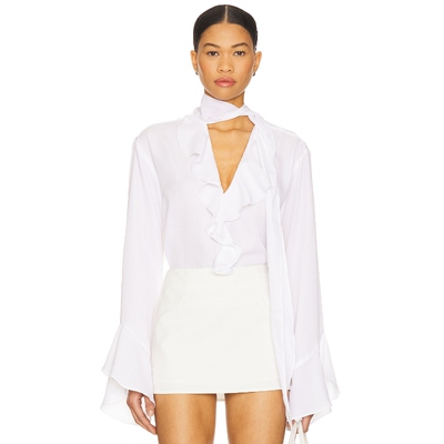 MORE TO COME白色通勤风衬衫简约长袖V领系带上衣REVOLVE小众新款