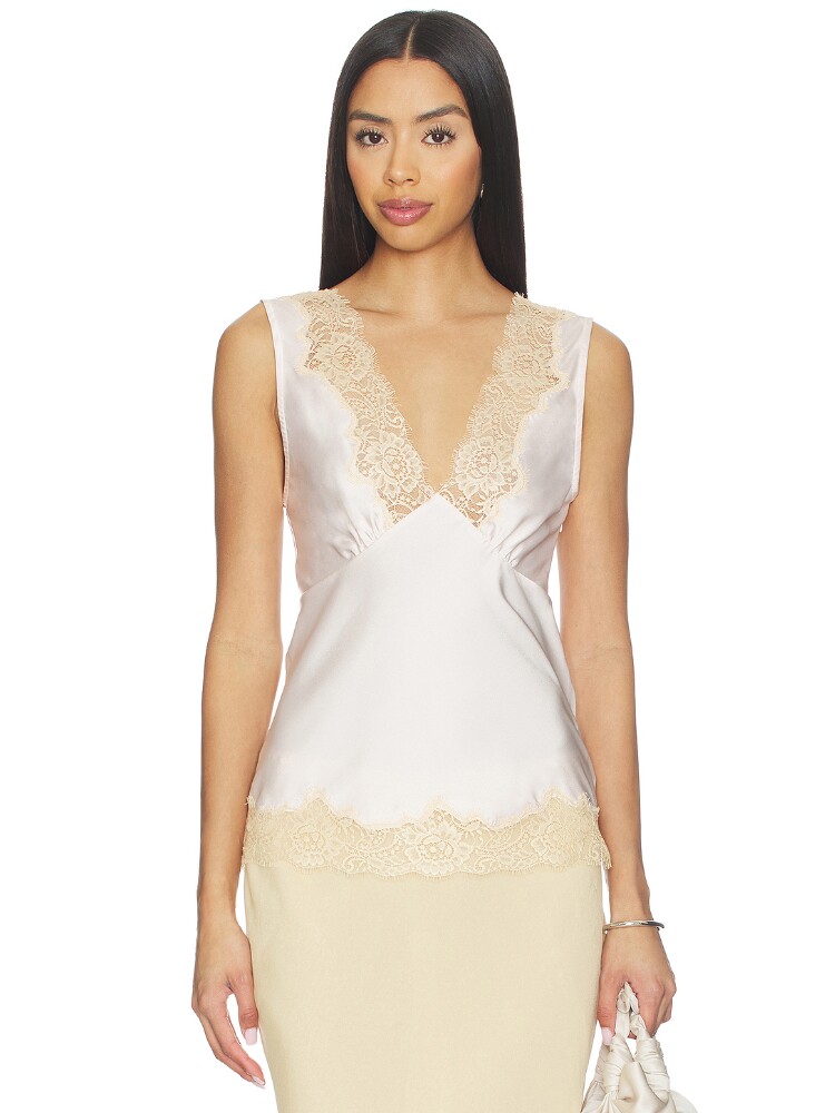 [夏季新品]Lovers and Friends米白衬衫深V缎面优雅上装REVOLVE