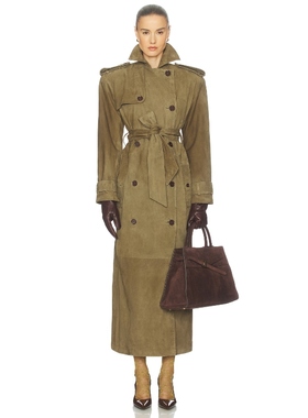 Helsa 麂皮大衣 绿色静奢风老钱风长款高级感风衣REVOLVE小众新款