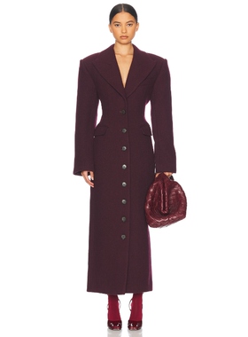 [春节穿搭]Helsa羊毛大衣酒红色老钱风廓形收腰长款外套REVOLVE