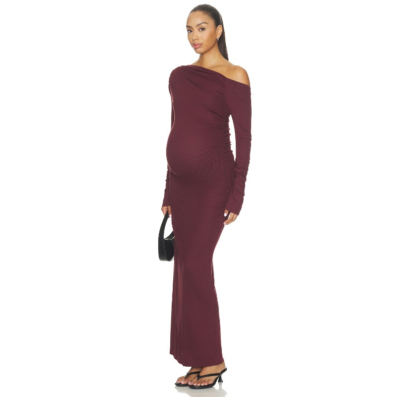 BUMPSUIT酒红色连衣裙露肩褶皱优雅风早秋新品长袖长裙REVOLVE