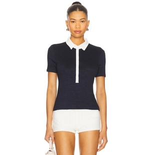 Sleeve y2k辣妹R Bone 藏青色 Top Polo Short Button Knit Rag