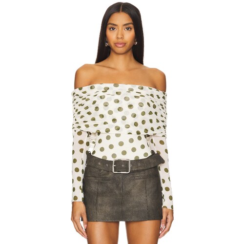 [春季新品]AFRM抹胸一字肩网纱波点印花长袖打底衫REVOLVE