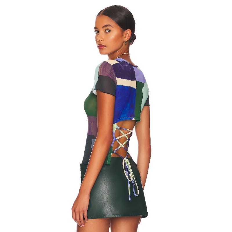 程潇同款 Miaou 印花拼接修身短袖T恤辣妹风REVOLVE