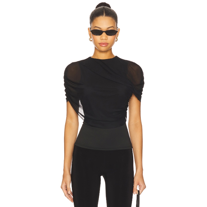 superdown 拼接网纱T恤黑色美式性感修身短袖上衣REVOLVE小众新款