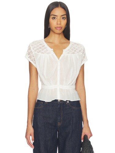 [夏季新品]Free People白色衬衫镂空纽扣蕾丝短袖上衣REVOLVE