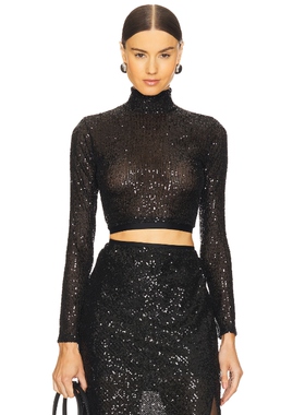 Enza Costa Sequin Cropped Long Sleeve Mock Neck Top 黑色REVO