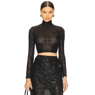 Enza Costa Sequin Cropped Long Sleeve Mock Neck Top 黑色REVO