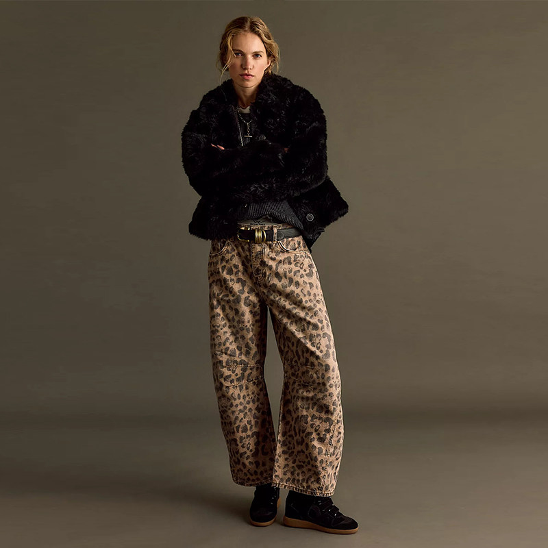 [秋冬新品]Free People 豹纹阔腿牛仔裤复古休闲风长裤REVOLVE图片