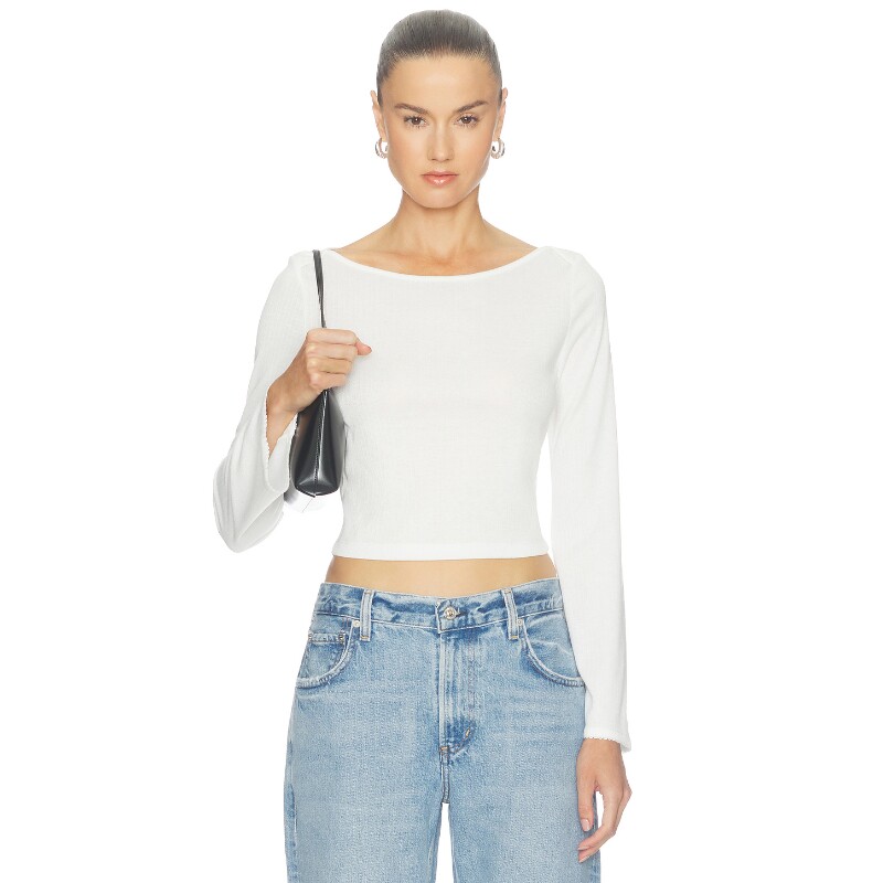 REVOLVE 白色法式极简经典宽领修身短款打底长袖T恤上衣秋冬新品