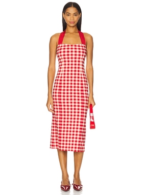 翁青雅Evelyn同款LPA LIZ 红白格纹挂脖系带连衣裙中长裙REVOLVE