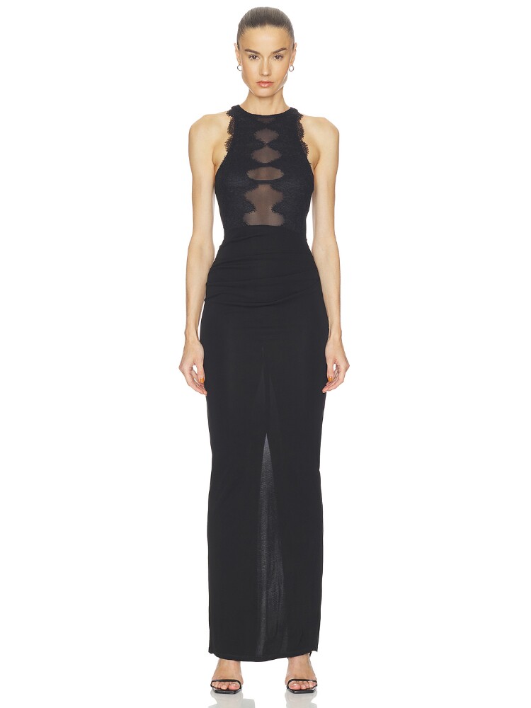 Haelo *骨感蕾丝系列 垂感褶皱针织网纱拼接蕾丝连衣裙REVOLVE