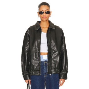LIONESS 黑色翻领皮衣美式复古外套朋克风飞行员夹克REVOLVE新款