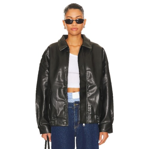 LIONESS 黑色翻领皮衣美式复古外套朋克风飞行员夹克REVOLVE新款