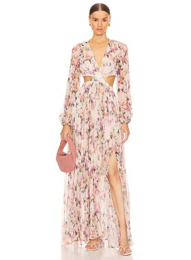 ASTR the Label米白色连衣裙碎花深V度假风秋冬新品长裙REVOLVE