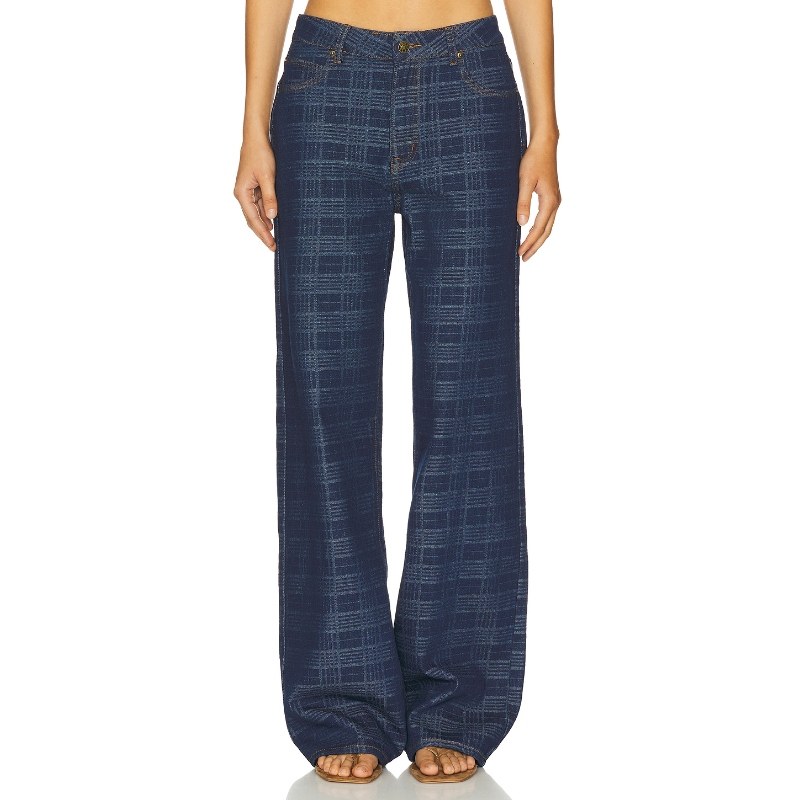 LIONESS牛仔裤蓝色格纹美式复古风阔腿裤休闲长裤REVOLVE小众新款