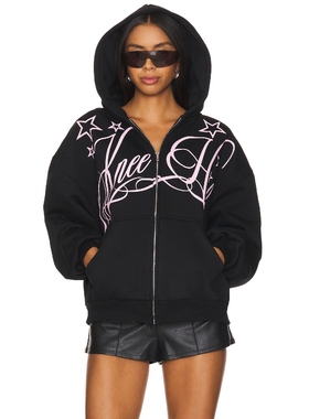 NIIHAI 字母印花连帽拉链卫衣宽松休闲上衣黑色羊毛衫REVOLVE保暖