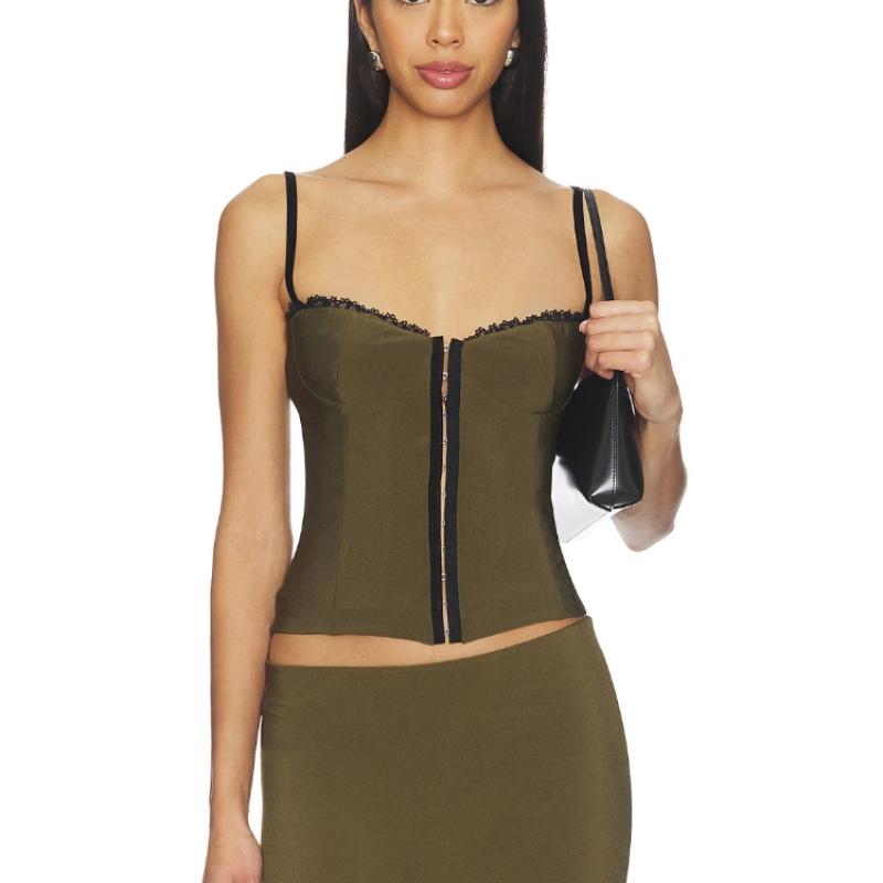 [早秋新品]Bella Venice军绿色背心蕾丝边前拉链辣妹上装REVOLVE
