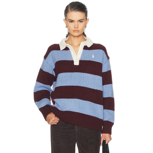 Polo Ralph Lauren酒红拼浅蓝拼米白上衣修身秋冬新品REVOLVE