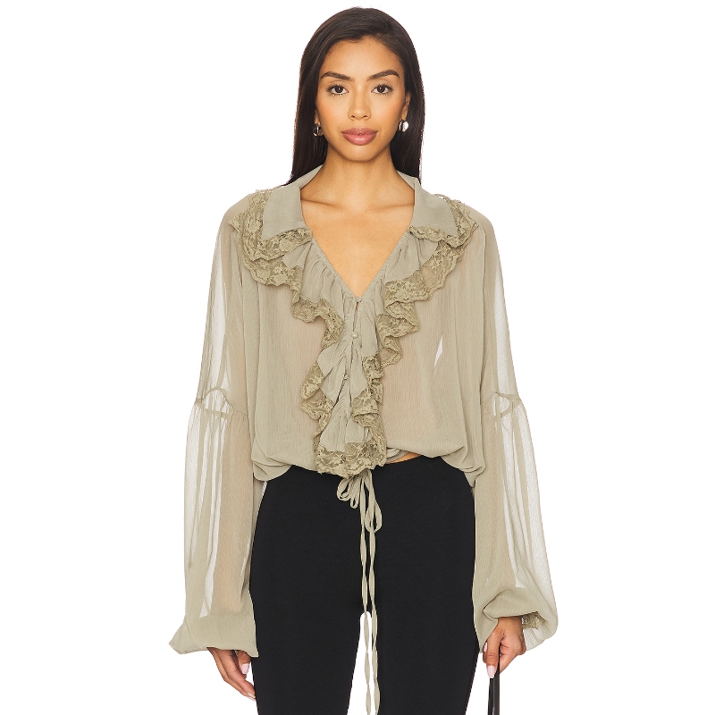 SNDYS 雪纺衬衫薄款宽松辣妹性感荷叶边长袖上衣REVOLVE小众新款