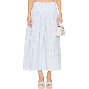 翁青雅Evelyn同款 LPA 蓝色格纹半身裙收腰百褶长裙REVOLVE新款