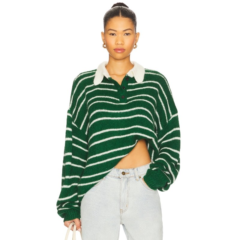 [冬季内搭]LIONESS RISING 绿白条纹翻领毛衣复古休闲REVOLVE