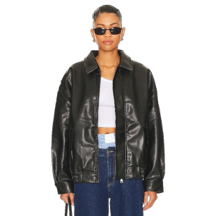 LIONESS 黑色翻领皮衣美式复古外套朋克风飞行员夹克REVOLVE新款