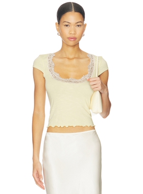 [春季新品]Free People黄色T恤蕾丝花边领口针织修身上衣REVOLVE