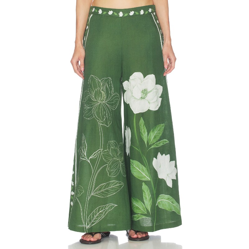 Verandah绿色裤装印花度假风早秋新品阔腿修身休闲裤REVOLVE