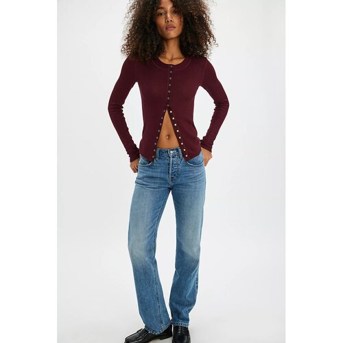 [夏季新品]Free People 华夫格针织衫酒红色开衫REVOLVE春季