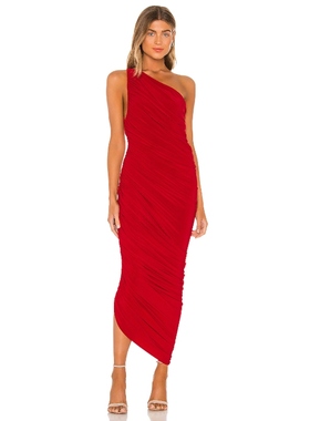 Norma Kamali 红色氛围感连衣裙女夏褶皱设计感长裙REVOLVE新款