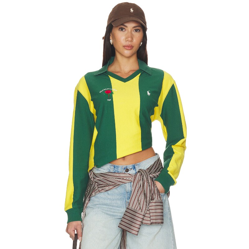 Polo Ralph Lauren绿色上衣拼色复古风早秋新品短款毛衣REVOLVE