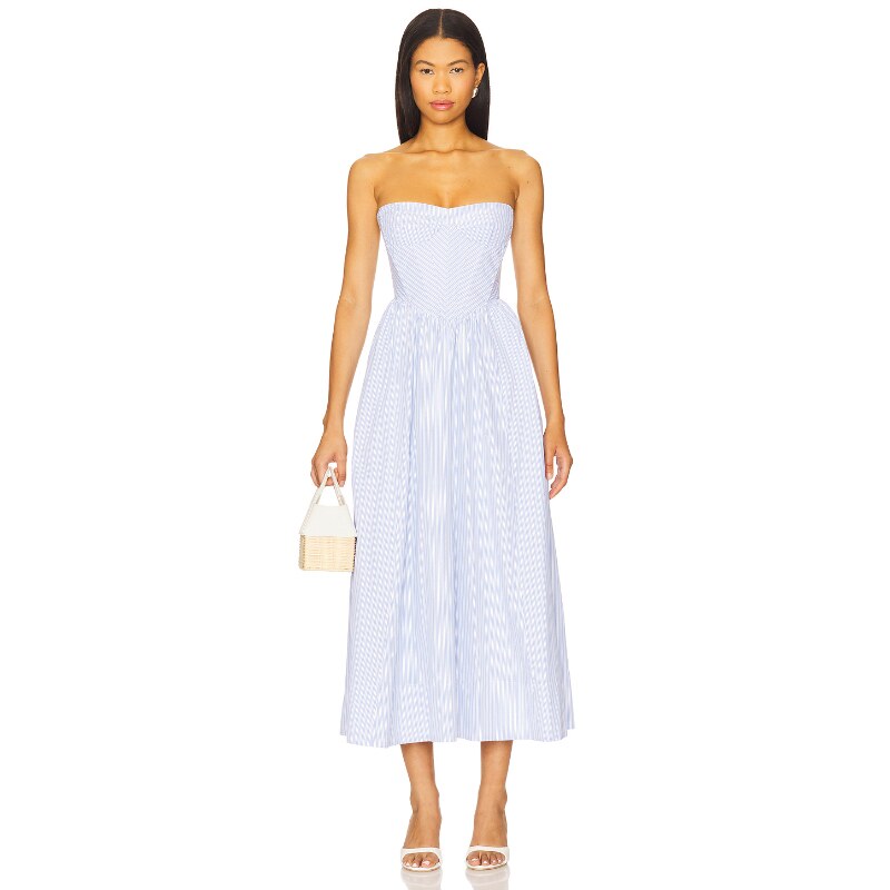 [春季新品]Bardot LOLA 中长款连衣裙收腰条纹抹胸裙REVOLVE小众