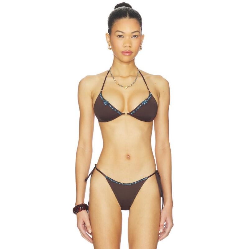 Frankies Bikinis棕色挂脖绑带水钻比基尼内衣海边度假REVOLVE