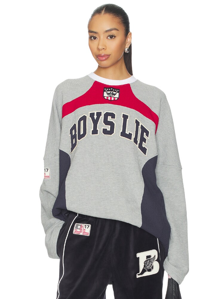 Boys Lie灰色卫衣字母印花圆领撞色拼接宽松上衣秋季新品REVOLVE
