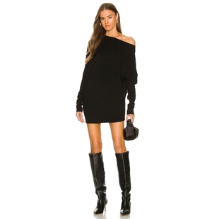 保暖长袖 NBD 新品 针织连衣裙黑色露肩毛衣裙REVOLVE小众 冬季