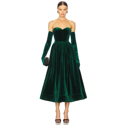 [春季新品]Bronx and Banco 天鹅绒中长连衣裙深绿色REVOLVE