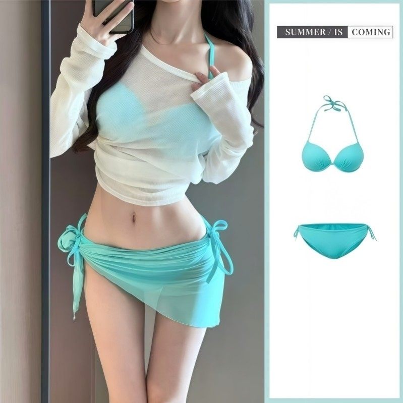 薄荷绿比基尼四件套女纯欲网纱长袖罩衫绑带裙式性感温泉游泳装