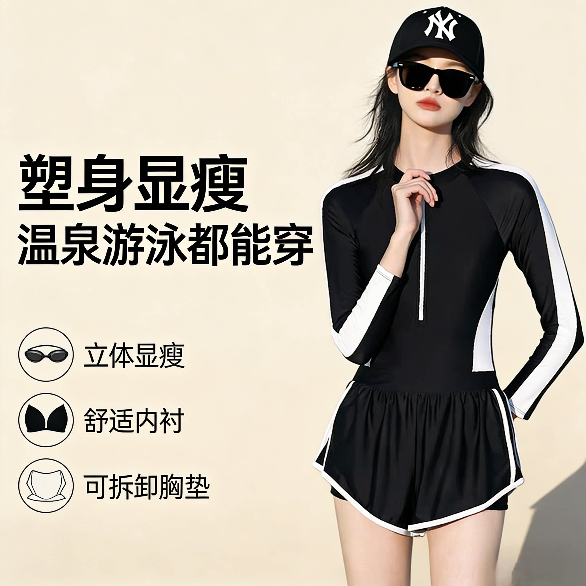 运动高级感连体游泳衣女学生保守长袖遮肚显瘦平角裤小胸温泉泳装