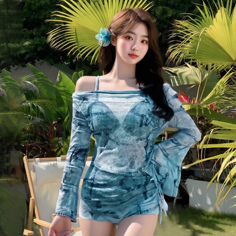 2025防晒游泳衣女性感比基尼分体三件套罩衫微胖遮肉度假温泉泳装