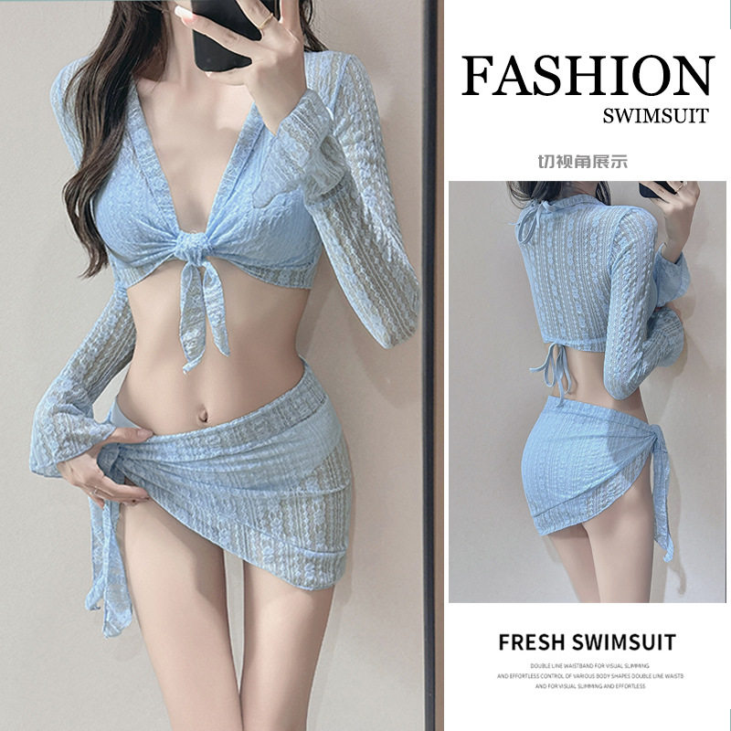 泳衣女2026新款比基尼性感纯欲小胸聚拢四件套长袖罩衫防晒泡温泉