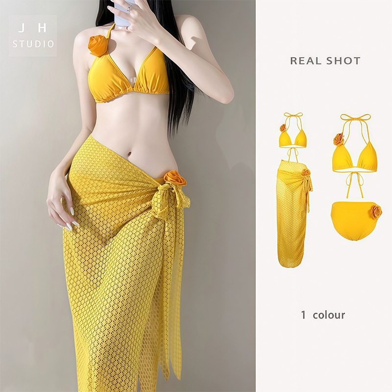 泳衣女分体比基尼三件套泰国小众设计大长裙花朵海边度假拍照温泉