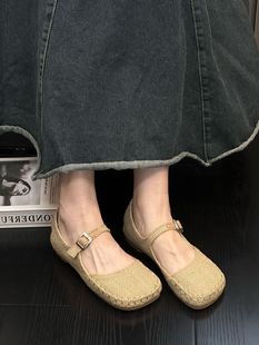 透气女方头亚麻夏季新款单鞋平底浅口一字扣带休闲小香风玛丽珍鞋