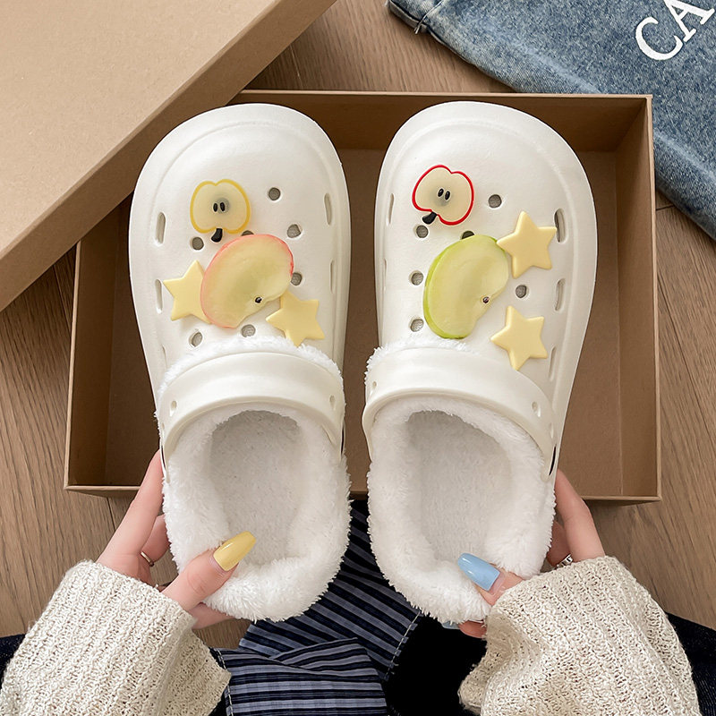 2026新款厚底可爱加绒洞洞鞋女款冬季外穿居家防滑增高包头棉拖鞋