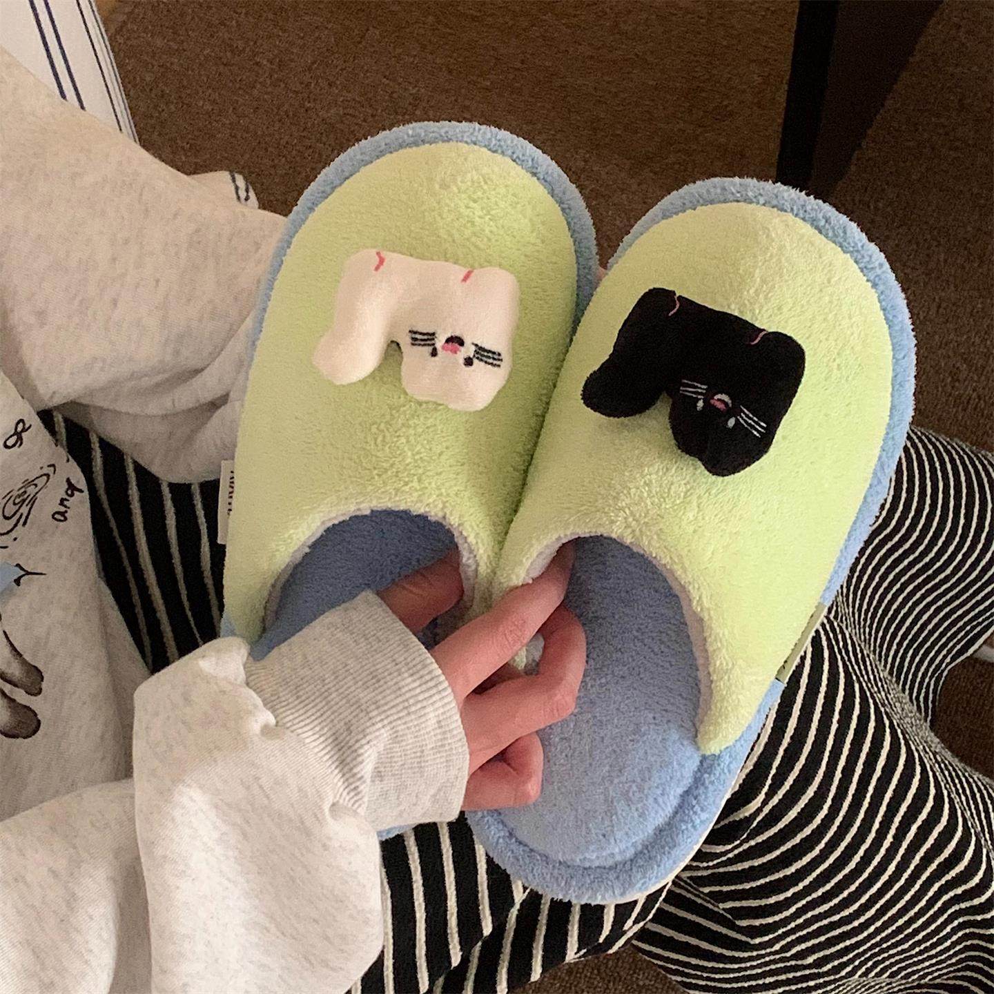 情侣趣味黑白小猫休闲冬季居家棉拖鞋防滑可爱个性包头毛毛鞋男女