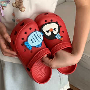 包头儿童凉拖鞋 防滑亲子夏季 时尚 男女新款 可爱企鹅小鱼足弓洞洞鞋