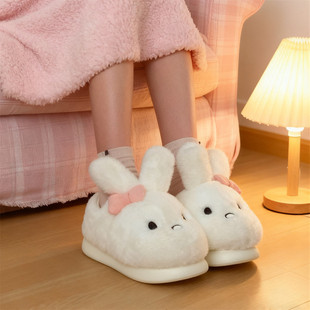 女 软萌蝴蝶结长耳兔防滑保暖毛毛月子鞋 居家休闲少女心冬季 棉拖鞋